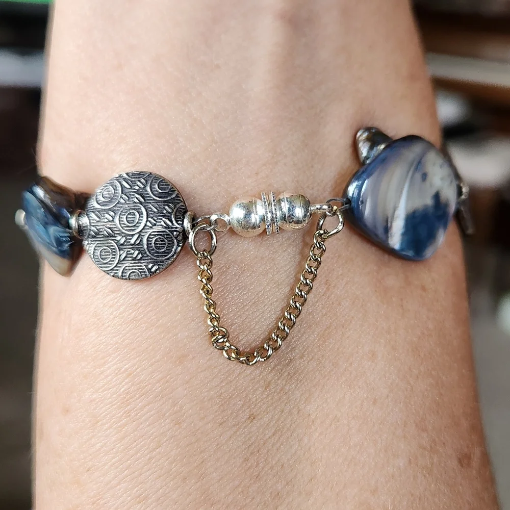 Handmade Oyster Shell & Embossed Spheres Bracelet  Size 7-8